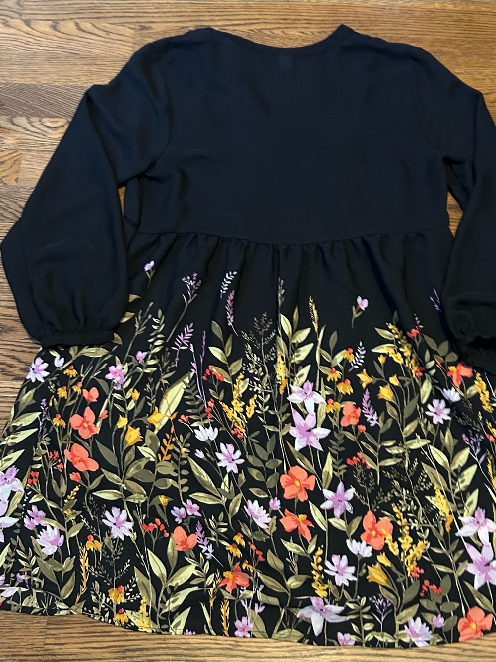 Sheer Black Floral Long Sleeve Swing Dress with Multicolor Blooms to be layered - Picture 6 of 8